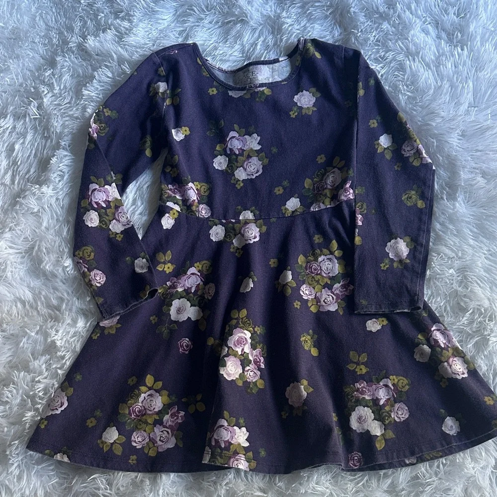 🎀 Place Girls Floral Long Sleeve Dress Purple Plum Flowers Size 5/6 So Cute 💕